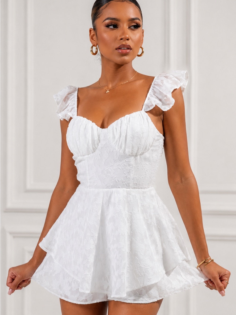 White Lace Ruffle Strap Mini Dress